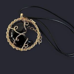 Black Agate Wire Wrapped Moon Pendant Necklace